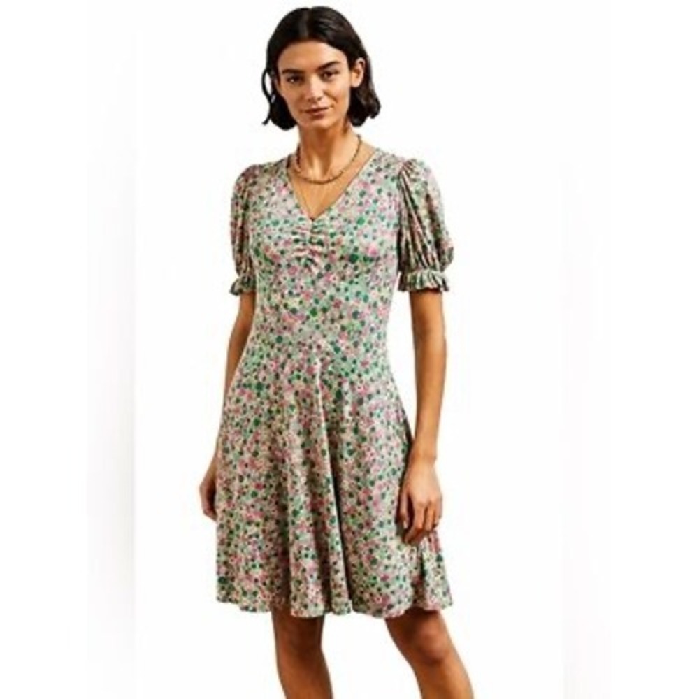 Boden Women Pink Green Floral V-Neck Puff Sleeve Jersey Fit Flare Dress US 14R